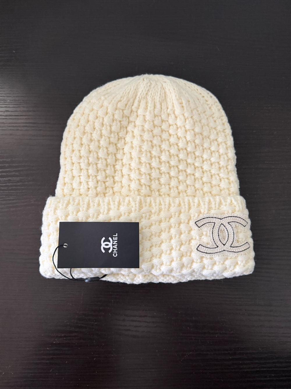 CHANEL Cream Knit Beanie with Embroidered CC Logo